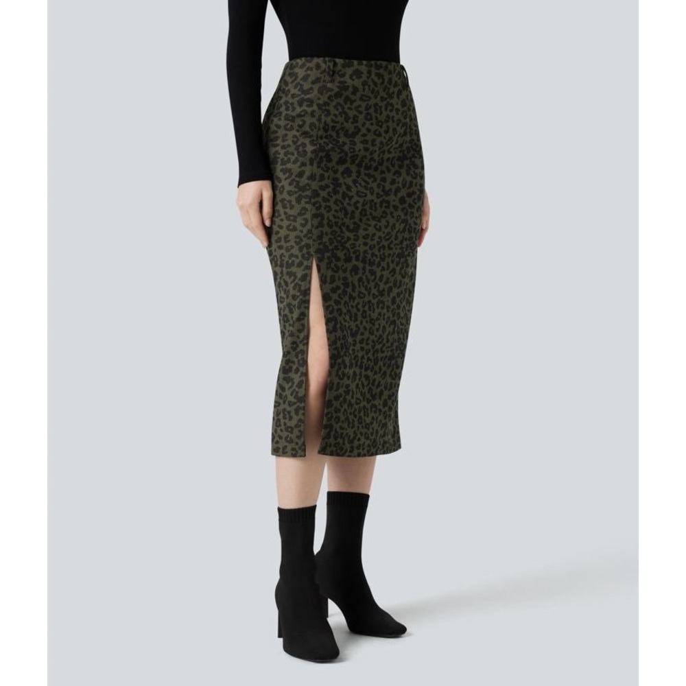 NWOT Halara Womens Green Leopard Print Corduroy Midi Pencil Skirt Side Slit Sz S